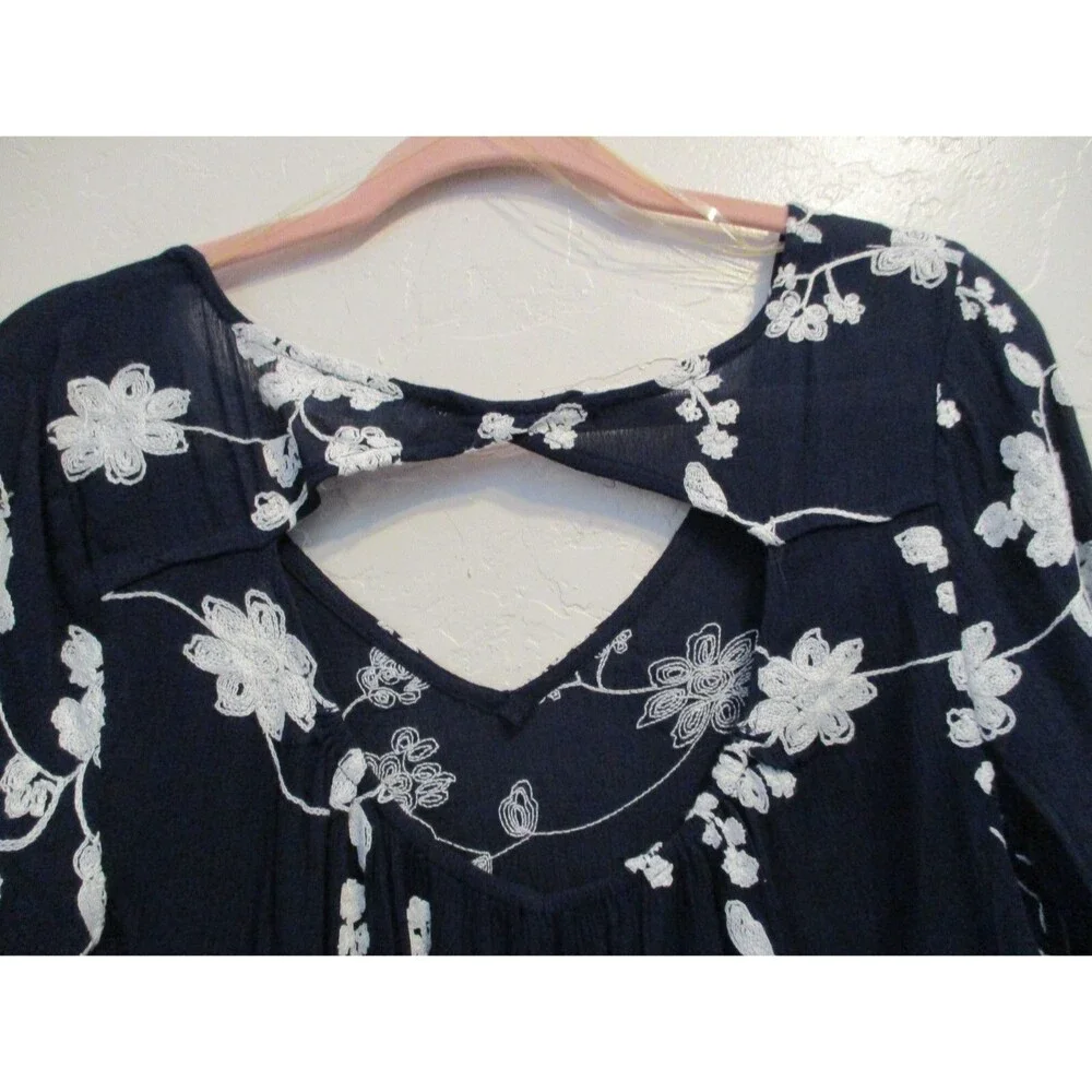 Umgee Womens Sz S Navy Blue Embroidered Gauze Trapeze Dress Floral Angel Sleeve - Picture 5 of 7
